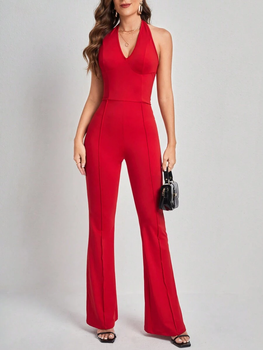 SHEIN Tall Women's Sleeveless Halter Neck Jumpsuit - Red - View 1