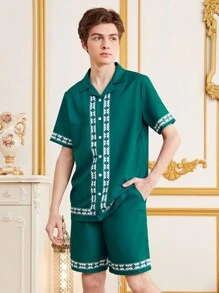 SHEIN Set de cămașă și pantaloni scurți cu mânecă scurtă, cu imprimeu geometric, pentru adolescenți, potrivit pentru vară