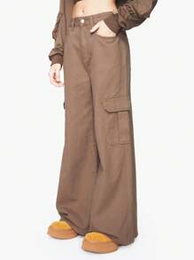 ROMWE Grunge Punk 宽腿 Maillard 牛仔裤，配有实用口袋和宽松版型 - 卡其色 - 查看 3