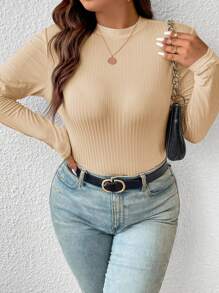 SHEIN Frenchy 大尺碼女款純色羅紋 T 卹 - 杏色 - 查看 3