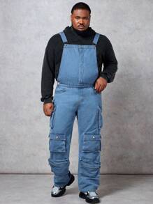 Manfinity Homme 寬鬆款男性大尺碼牛仔背帶褲,可調式肩帶和翻蓋口袋 - 藍色 - 查看 1