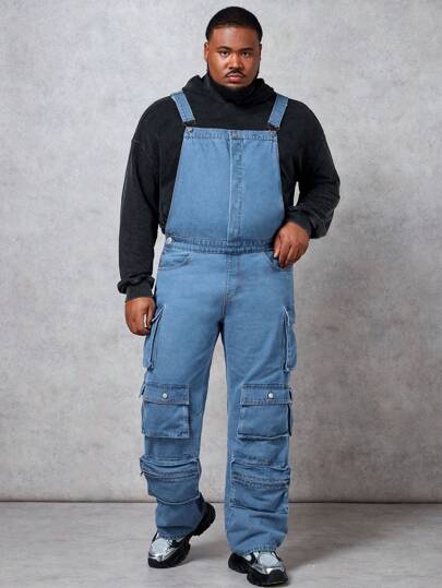 Manfinity Homme سراويل ترقوة رجالية بمقاس كبير وقابلة للتعديل مع حزام كتف وجيوب مطوية من الدنيم