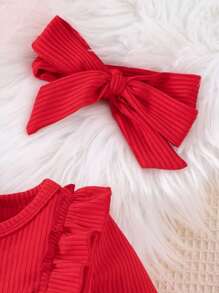 2入組寶貝女孩情人節裝,打蝴蝶結裝飾長袖t恤和帶褶邊的心形印花褲子 - 紅色 - 查看 6