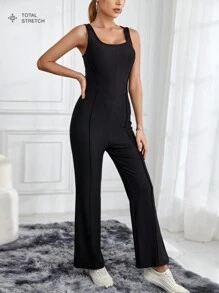 SHEIN Essnce Mono/Malla de una sola pieza sin mangas, de punto negro, con alta elasticidad y tirantes anchos para deportes y tiempo libre