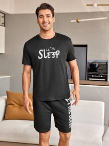 Conjunto De Pijama Para Hombres Con Impresión De Lema En Manga Corta Y Pantalones Cortos