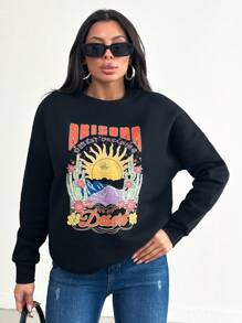 EURMUSE Felpa Da Donna Con Stampa Di Cactus E Lettere Con Spalle Scese E Grafica Del Sole - nero - Visualizzare 5