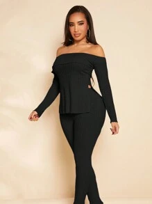 SHEIN SXY 羅紋露肩上衣和褲子 - 黑色 - 查看 5