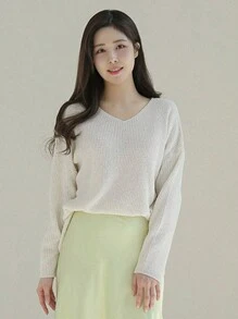 DAZY V-Neck Loose Fit Drop Shoulder Sweater Linen,Fall Clothes - White - View 9