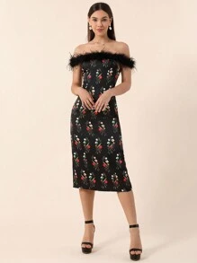 SHEIN Privé Váy midi ôm họa tiết hoa trễ vai thanh lịch và chắp vá lông thú cho nữ - màu đen - Xem 1