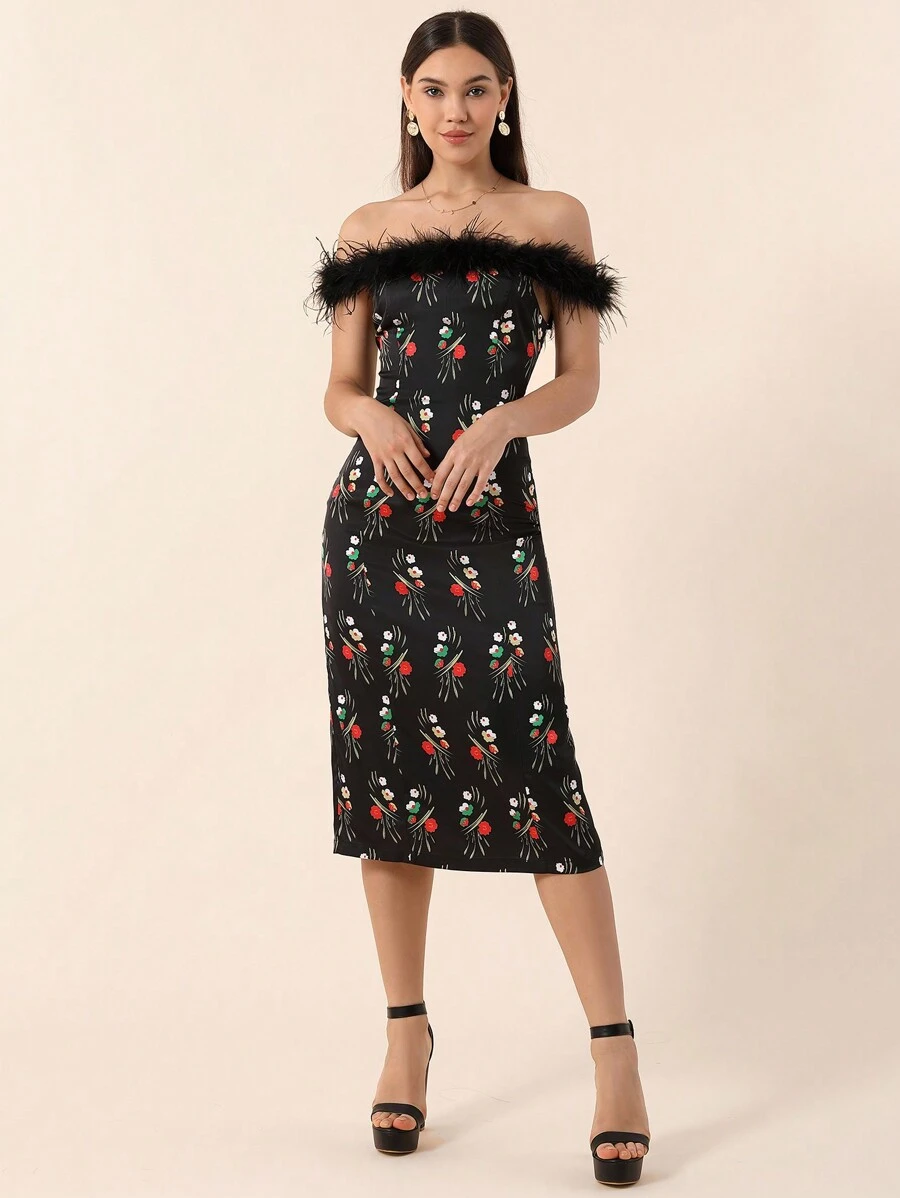 SHEIN Privé Váy midi ôm họa tiết hoa trễ vai thanh lịch và chắp vá lông thú cho nữ - màu đen - Xem 1