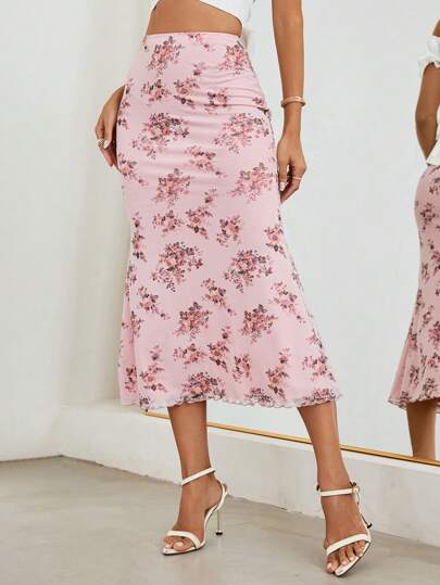 Firerie Women's Romantic Print Fish Tail Ruffle Elastic Net Yarn Skirt