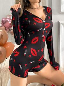 Lip Print Button-Up Pajama Romper, Fall, Winter - Black - View 3