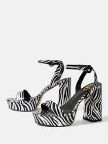 CUCCOO SZL 時尚性感斑馬紋10.8公分厚高跟鞋2.8公分平台圓頭踝帶女夏季涼鞋 - 彩色 - 查看 3