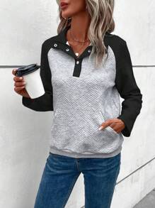 SHEIN LUNE 女款拼色插肩袖運動衫 - 黑色 - 查看 6