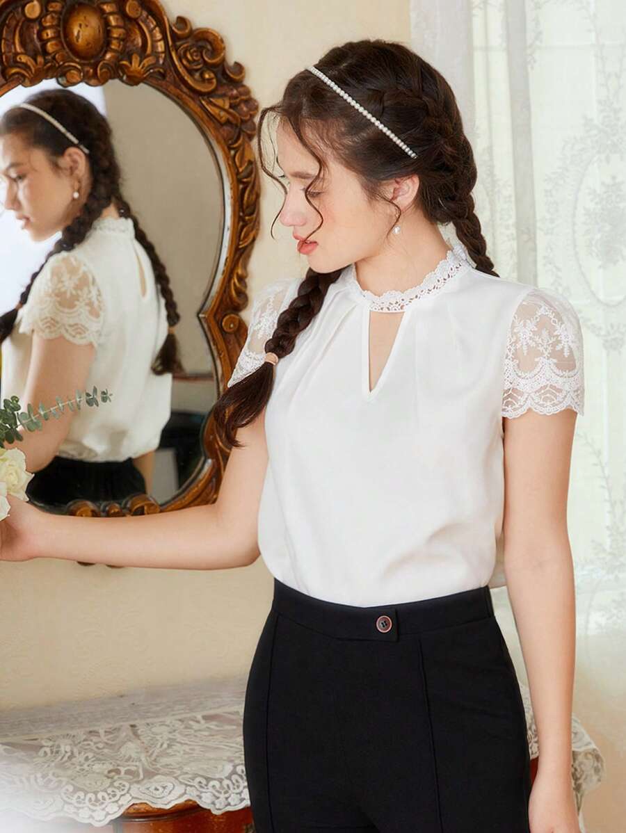 SHEIN 少女編織拼接蕾絲空心寬鬆休閒襯衫 - 白色 - 查看 1