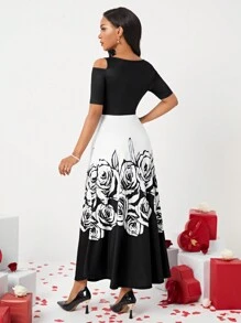 SHEIN Lady Vestido asimétrico de hombro con estampado floral - Blanco y Negro - Ver 2