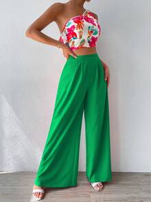 SHEIN Privé 女款花卉印花一字肩上衣闊腿褲兩件套 - 綠色 - 查看 6