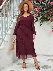 SHEIN VCAY 大码女式灯笼袖荷叶边连衣裙 - 棕色 - 查看 4