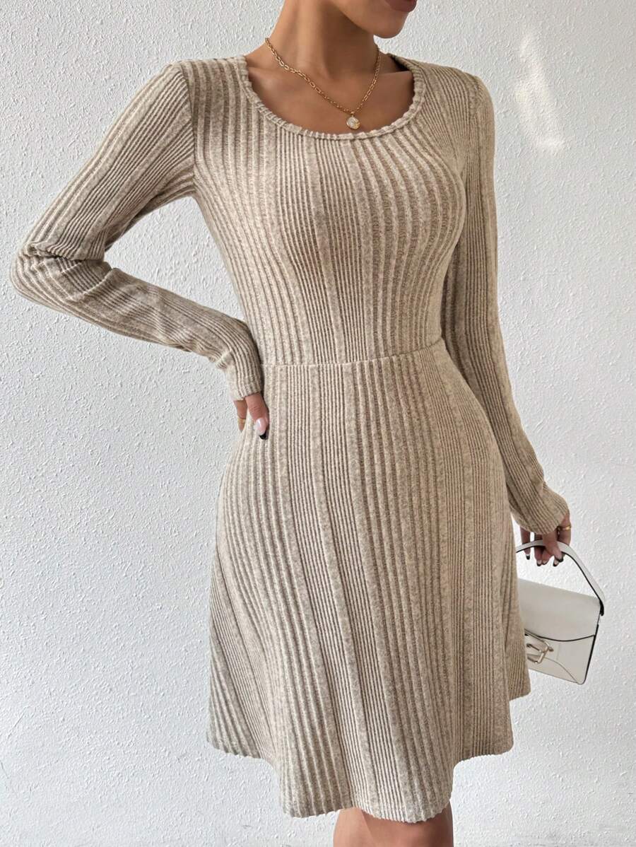 SHEIN Essnce 女修身羅紋長袖連身裙 - 灰色 - 查看 1