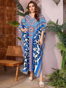 Al Najma Kích thước lớn In tay cánh Đầm Với Bên Khe - Màu xanh lam - Xem 6