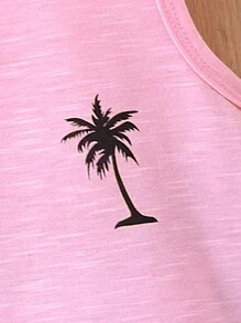 SHEIN 2 件套幼儿男童度假风格椰子树印花背心和短裤套装，夏季度假、假日、旅行、放松、日光浴
