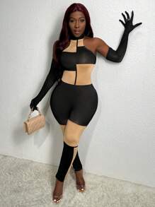Slaydiva Mesh High Neck Colorblock Sleeveless Unitard Jumpsuit With Long Sleeve Arm Warmer - Multicolor - View 4
