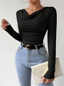 Airlisse Solid Color Draped Collar T-Shirt Fall Cloth For Women - Black - View 4