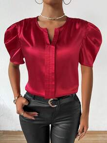 SHEIN ChicEase 女用缺口領泡泡袖襯衫 - 紅色 - 查看 6