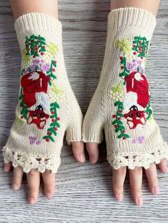 Hippie 1pair Handmade Embroidery Knitted Warm Gloves For Girls