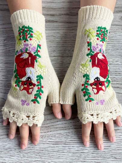 Hippie 1pair Handmade Embroidery Knitted Warm Gloves For Girls