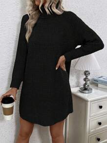 SHEIN LUNE Vestido Tipo Suéter Con Mangas Raglán Y Cuello Alto De Color Liso Para Mujer - Negro - Ver 3