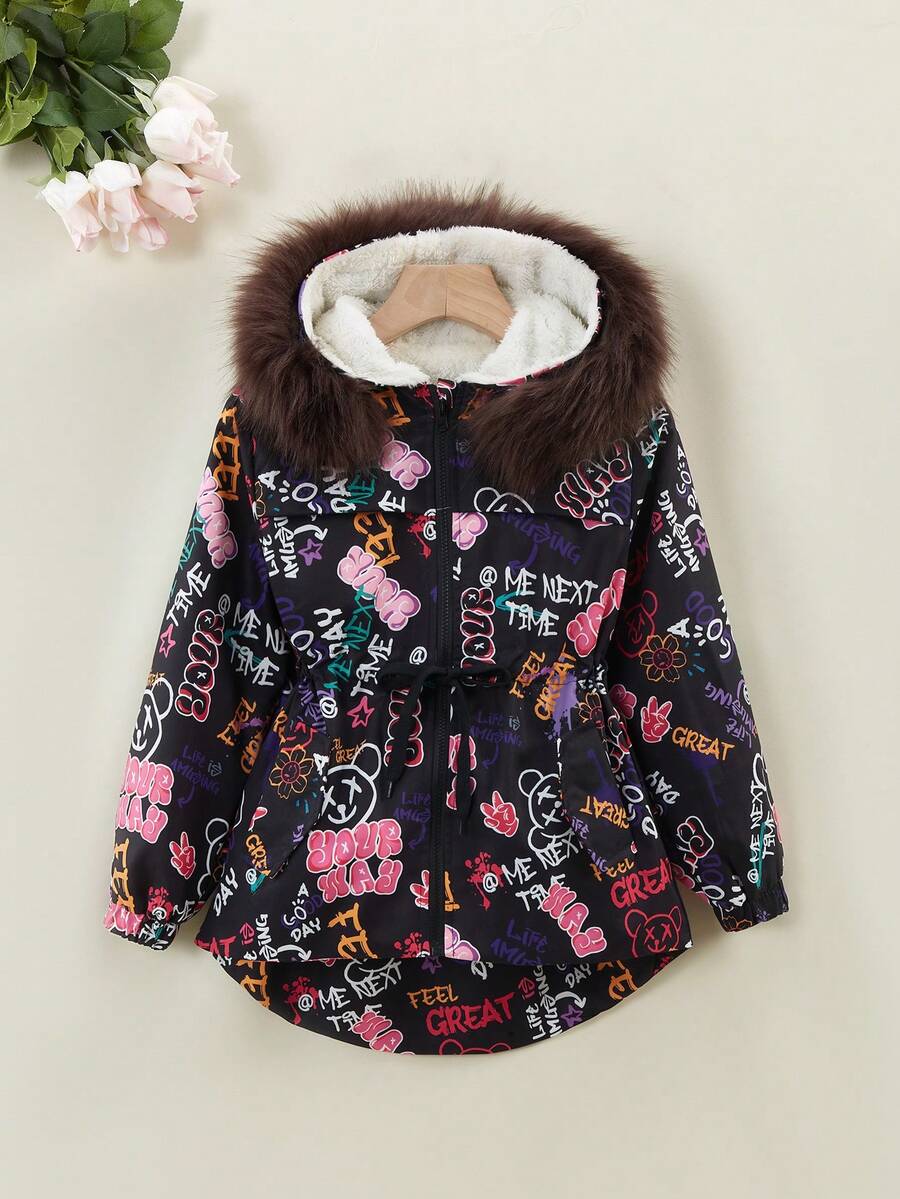 Tween Girls' Street Style Printed Parka Padded Coat With Collar And Hooded Waist Drawstring Fall Winter - Multicolor - View 1