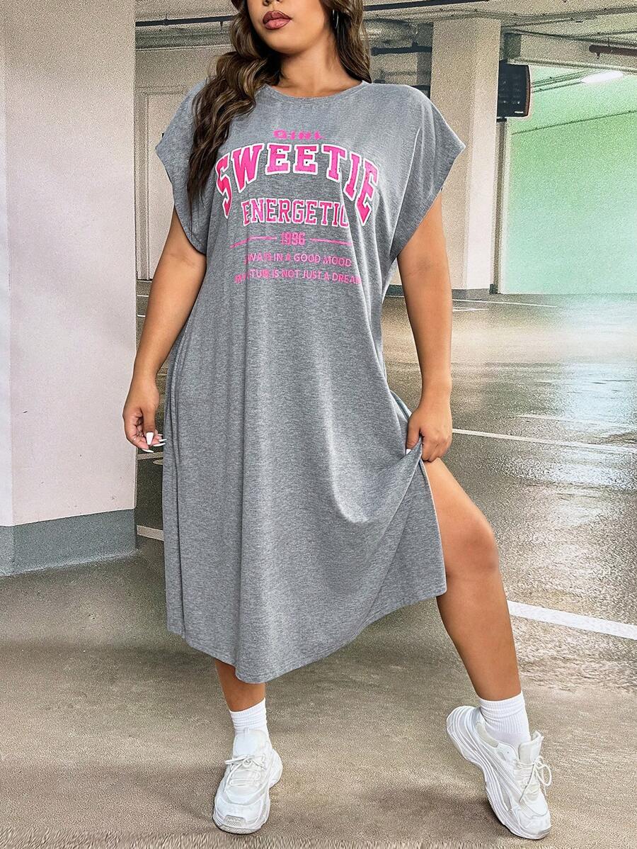 SHEIN CURVE+ 大尺碼分割式標誌圖案連衣裙 - 灰色 - 查看 1