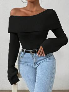 SHEIN Frenchy 純色不對稱領毛衣 - 黑色 - 查看 4