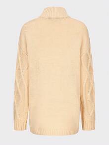 女士半高領織花毛衣 - 杏色 - 查看 2