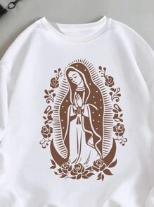 SHEIN EZwear 女士花卉處女印花圓領運動衫 - 白色 - 查看 3