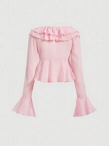 SHEIN MOD 女款v領花邊鐘形袖上衣