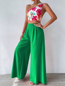 SHEIN Privé 女款花卉印花一字肩上衣闊腿褲兩件套 - 綠色 - 查看 5