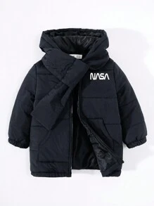 SHEIN Toddler Boys' Casual Comfortable Hooded Jacket With Padding, English Pattern And Scarf Set - Black - View 3