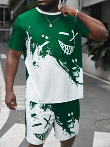 Manfinity VCAY 男士大尺碼笑臉印花短袖 T 恤和短褲套裝