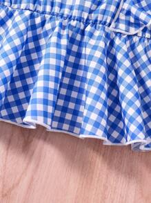 SHEIN Toddler Girls' Summer Simple Style Plaid One Shoulder Top And Waist Belted Shorts Set - Blue - View 6