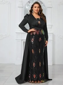 YISIKADO Plus Size Sequined Panel Evening Party Dress With Long Sleeves - Multicolor - View 5