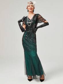 Vestido largo estilo vintage con cola de pez, patchwork de malla y lentejuelas