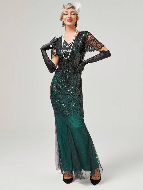 Vintage Sequined Mesh Patchwork Fish Tail Maxi Dress