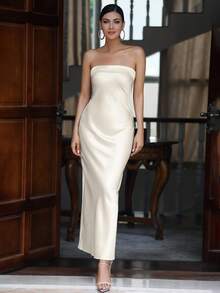 Women's Elegant Long Solid Color Strapless Party Dress - Apricot - View 4