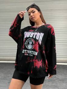 SHEIN EZwear 女款大尺寸印花長袖 T 卹 - 紅色 - 查看 5