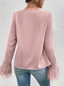 Chiquease 女士抽繩式毛茸茸拼接襯衫,配袖口 - 粉色 - 查看 2