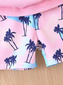 SHEIN 2 件套幼儿男童度假风格椰子树印花背心和短裤套装，夏季度假、假日、旅行、放松、日光浴