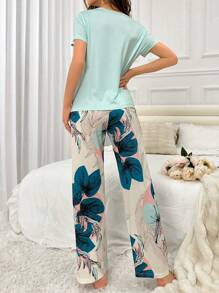 女士純色上衣和花卉印花褲子睡衣套裝 - 薄荷綠 - 查看 2