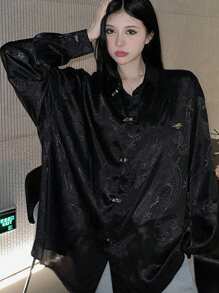 女式龍紋長袖襯衫 - 黑色 - 查看 1